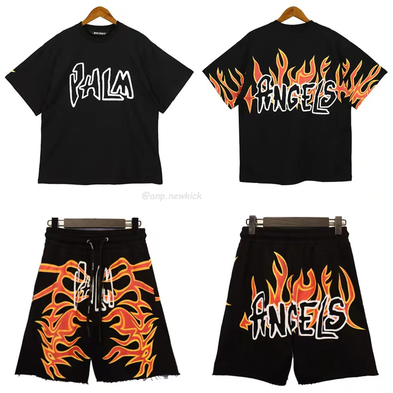 Palm Angels Graffiti Flame T Shirt Shorts Black White (6) - newkick.cc